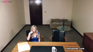 Suburban milf in blue dress blowing the head teacher
