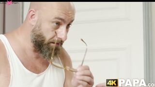 Bearded stud uses dirty tactics to get a taste of Ara Mixs pussy