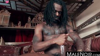 MaleNoir.com - Tattooed black newcomer Fame strokes his monster cock and cums hard