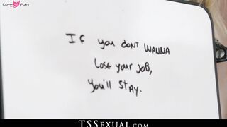 TSSexual.com - Classy trans babe Casey Kisses bangs her nerdy assistant with wild aba
