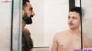 OH NO! How AWKWARD is this! Dude gets a boner when taking a shower with his friend