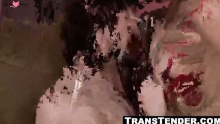 Hot Tranny bangs busty chick on bed in various poses