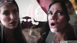 Lesbian couple makes a priest lick them