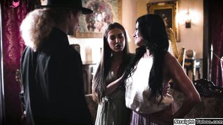 Lesbian couple makes a priest lick them