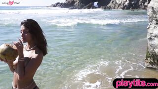 Petite Mexican babe strips at the beach