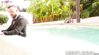 Outdoor raw breeding sesh with suited Damon Heart and Sir Peter