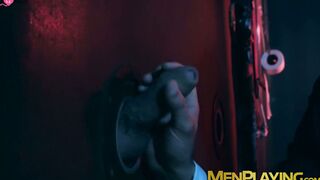 Executive office hunks meet for glory hole bareback drilling