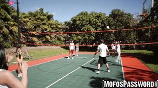 Busty Anais Amore blows and rides massive dick while playing volleyball