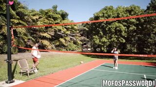 Busty Anais Amore blows and rides massive dick while playing volleyball