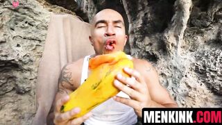 Bald dude King Noire entertains his aroused cock while stranded and alone