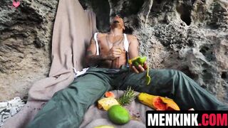Bald dude King Noire entertains his aroused cock while stranded and alone