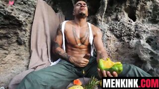 Bald dude King Noire entertains his aroused cock while stranded and alone