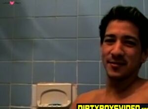 Dirty guy Justin oozed cum after wanking his long hard cock in the bathroom