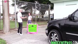 Petite brunette teen Kharlie Stone gags on massive schlong