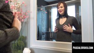Brunette teen with small tits cums all over a stiff cock