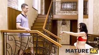 MATURE4K. Old inside red bra takes stepsons pistol deep in