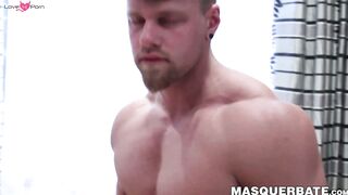 Masked jock Brad has his thick cock jerked with flashlight