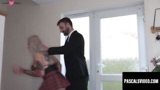 Hardfucked Brit MILF with huge boobs getting fed with jizz