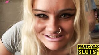 Dominated blonde sub in lingerie loves sucking hard cock