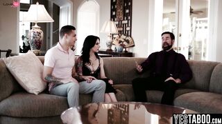 Busty gold digger fucks BF and stepdad