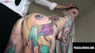 Inked babe takes control and feasts on some big cock