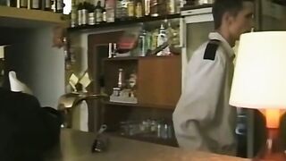 Navy twinks fucking and cumming in raw bar threesome