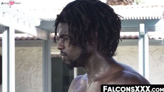 FalconsXXX.com - Black athletic stud Devin Trez barebacks Gus Del Rey outdoor in a wi