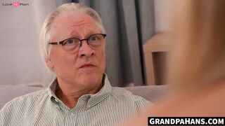 Blonde Una Fairy spreads her legs for deep pounding with an old man