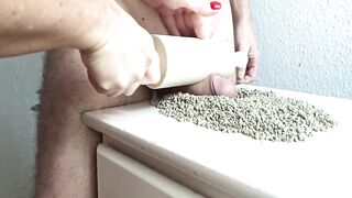 Rolling pin on penis till jizzed