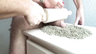Rolling pin on penis till jizzed