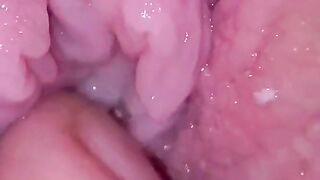 Exploring wifes cunt upclose. Pussy strokes. Cum drippping