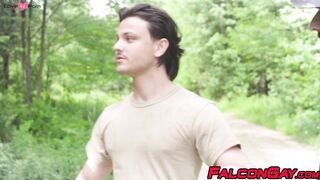 Arno Antino and Enzo Muller fuck bareback in woods with Felix Trainor