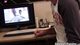 Gay teen Charlie shoots his load over his stomach in solo masturbation