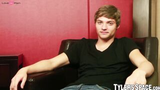 Young twink plays with oiled up cock and huge anal dildo too