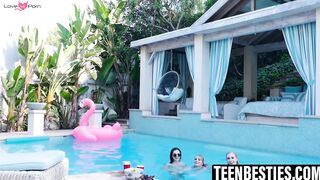 Lesbian pool party threesome with petite teens