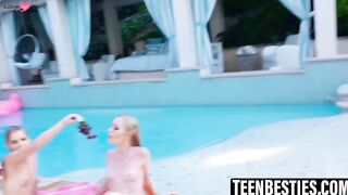 Lesbian pool party threesome with petite teens