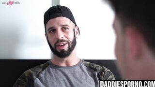Tatted stepdad tongues twink's hole then breeds him raw