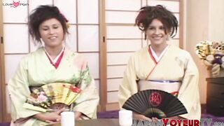 Geishas Sakura and Sayuri having nasty group sex with two dudes