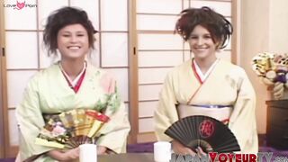 Geishas Sakura and Sayuri having nasty group sex with two dudes