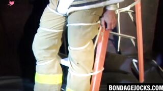 Man in uniform muffled and restrained while looking scared