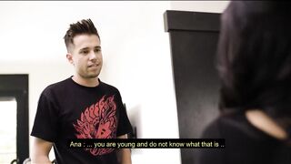 Long tits dark haired MILF fucking hardcore with young huge penis.