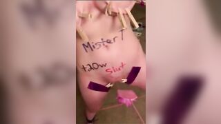 Slave t20w restrained clothespinned and spanked swollen snatch