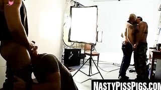"Three-Way Frenzy: Busty Blonde Sucks Two Dicks & Gets Piss On Her Face"
