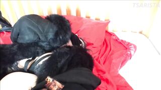 She masturbates into boots and fur coat