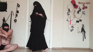 Muslim girlfriend canes fat sub