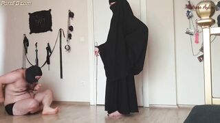 Muslim girlfriend canes fat sub