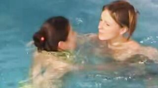 Twincest lesbian fun! Hot blonde twins play water games in pool