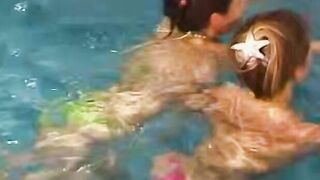 Twincest lesbian fun! Hot blonde twins play water games in pool
