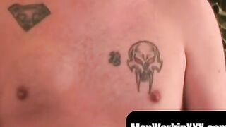 Ink-Splattered Middle Aged Guy Jerks Off On Plate