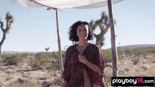 Slim mom yoga instructor Daniella Smith practicing into the desert